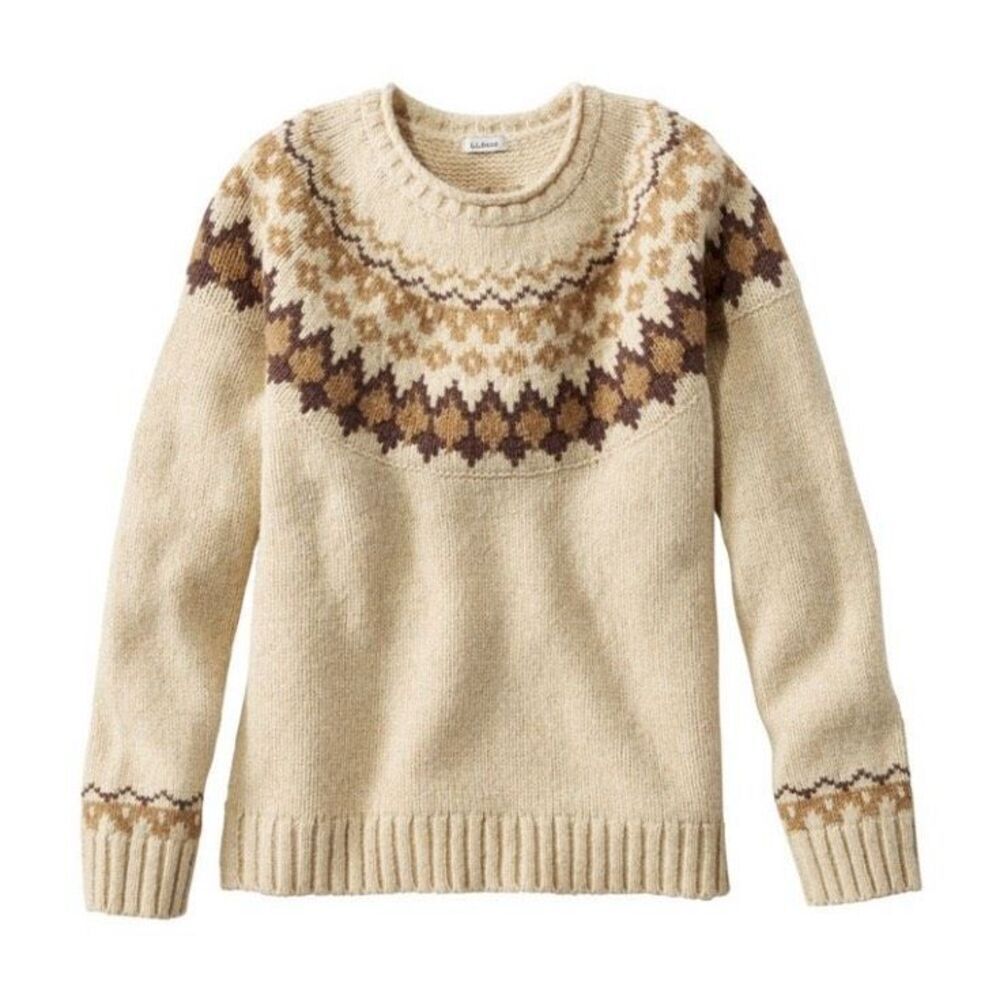 LL Bean Fair Isle Crew Neck Sweater Women’s Size Small cream brown 100% wool
